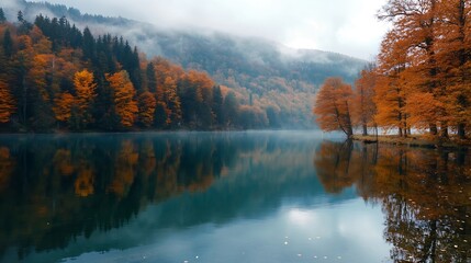 Poster - Misty Autumn Landscape with Vibrant Trees Reflecting in a Tranquil Lake : Generative AI