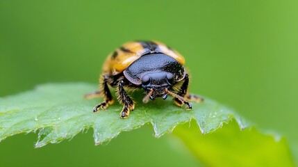 Poster - Closeup View of a Colorful Counterfeit Ladybug Beetle on a Fresh Green Leaf : Generative AI