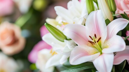 Poster - Closeup of Pink and White Lilies in a Lush Floral Arrangement : Generative AI