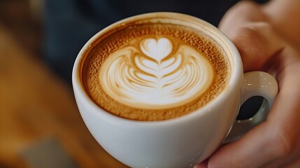 Poster - Latte Art in White Ceramic Cup Held by Hand Showing Heart Design on Frothy Coffee : Generative AI