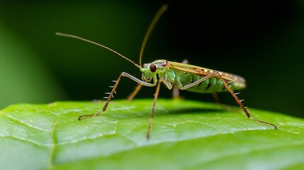 Poster - Slim green insect with long antennae poised on fresh leaf in dense green environment : Generative AI