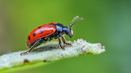 Poster - Red and Black Beetle Posed Elegantly on Leaf with Green Blurred Backdrop : Generative AI