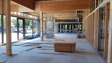 Poster - Modern Architecture Commercial Building Under Construction with Wood and Steel Framework : Generative AI