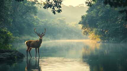 Poster - In the early morning light, a majestic male deer stands by a tranquil lake, reflecting the vibrant hues of nature. The soft mist rises, creating a magical atmosphere among the trees