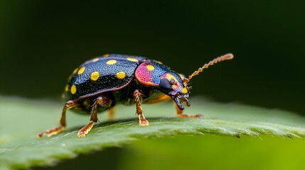 Poster - Closeup of vibrant spotted beetle on leaf with green blurred background : Generative AI