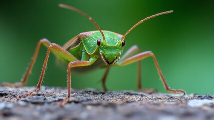 Poster - CloseUp Macro Image of Vibrant Green Insect on Wood Surface : Generative AI
