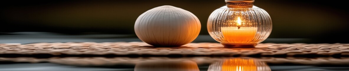 Wall Mural - Decorative candle and shell on a surface during Ramadan celebrations reflecting lights and colors