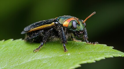Poster - Chrysobothris Beetle on Leaf with Iridescent Colors and Intricate Details : Generative AI