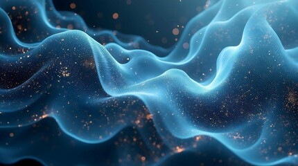 Poster - Abstract digital artwork depicting a swirling, ethereal landscape of shimmering blue particles and light, evoking a sense of wonder and cosmic beauty