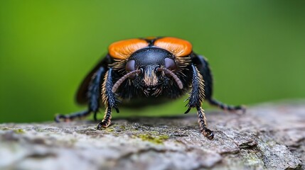 Poster - Detailed Closeup of Black Beetle with Red Shell on Textured Wood Surface in Nature : Generative AI