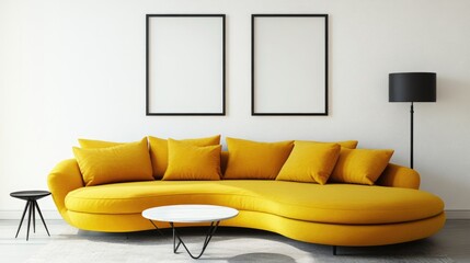 Poster - Yellow curved sofa and accent side table against white wall with poster frame. Scandinavian, minimalist interior design of modern living room, home.