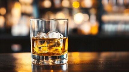 Poster - Elegant glass of whiskey with ice on a wooden bar table in a dimly lit upscale setting : Generative AI