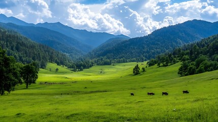 Poster - Scenic mountain valley landscape with lush green fields and tranquil blue sky : Generative AI