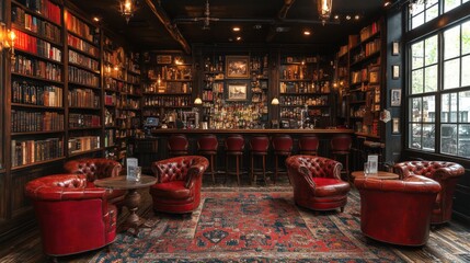 Poster - The vintage bar features cozy leather armchairs arranged around a wooden table, illuminated by warm lighting. Bookshelves filled with books create a welcoming atmosphere, perfect for relaxation.