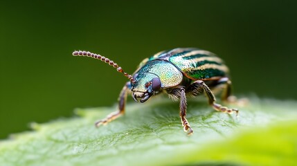 Poster - Metallic Striped Beetle on Leaf Captured in Stunning Macro Photography : Generative AI
