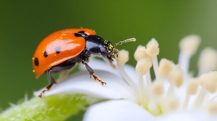 Poster - Macro Photography of a Vibrant Ladybug on White Flower Petal Against Green Background : Generative AI