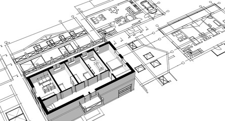 house architectural project sketch 3d illustration	
