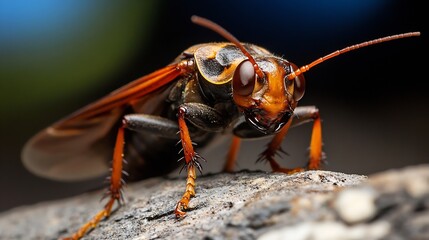 Poster - Orange Wasp on Rock with Detailed Wings and Antennae in Natural Light : Generative AI