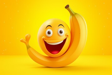 Poster - 3d rendering of a laughing emoji holding a banana on a yellow background