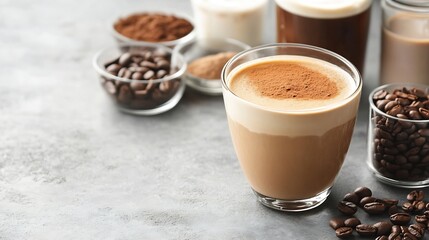 Poster - Assorted Coffees with Cinnamon in Glass Cups on Gray Stone Table : Generative AI