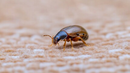 Poster - Macro Shot of Tiny Brown Beetle Walking on Textured Surface in Its Natural Environment : Generative AI