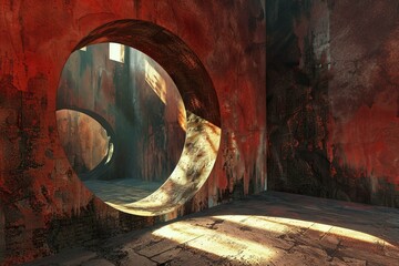 Poster - Sunlight shining on the floor of an empty grungy room with red walls and round openings
