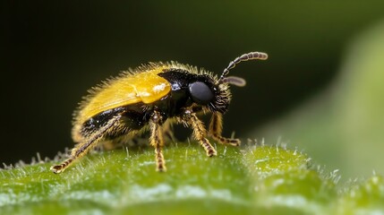 Poster - Macro View of a Yellow and Black Beetle on a Leafy Green Surface : Generative AI