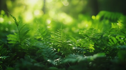 Aufkleber - Lush Green Fern Leaves in Sunlit Forest Creating a Refreshing Natural Scene : Generative AI