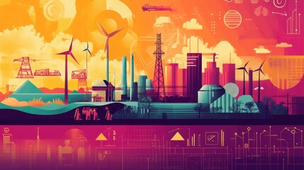 Poster - Cityscape, industrial, renewable energy, technology, data, future, progress, innovation, global, report