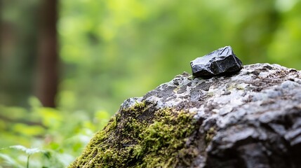Aufkleber - Tranquil Forest Setting with Mossy Rocks and Black Stone Under Lush Green Canopy : Generative AI
