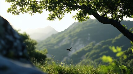 Aufkleber - Idyllic Mountain Landscape With Bird in Lush Green Valley : Generative AI