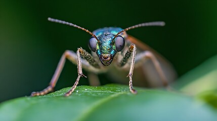 Poster - Closeup of a Colorful Metallic Green Insect on Leaf with Detailed Features : Generative AI