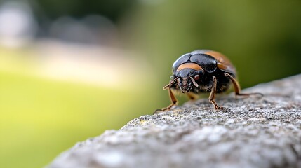 Poster - CloseUp of Small Beetle on Rock Edge with Blurry Green Background Outdoors : Generative AI