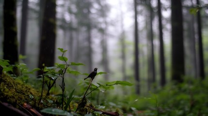 Poster - Serene forest atmosphere with misty backdrop and small foliage capturing tranquil nature : Generative AI