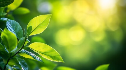 Aufkleber - vibrant green leaves in sunlight with soft blurry background : Generative AI