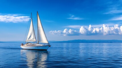 Poster - Majestic Sailboat on Crystal Clear Blue Ocean under Serene Sky with Puffy Clouds on Sunny Day : Generative AI