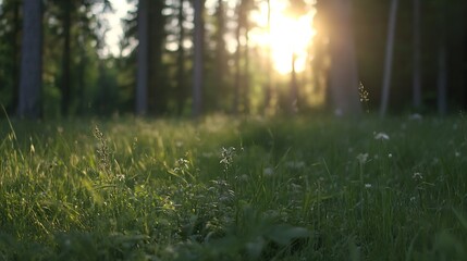 Aufkleber - Serene Forest Meadow with Sunlight Filtering Through Tall Whispering Trees : Generative AI