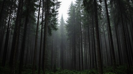 Poster - Misty Pine Forest Panorama with Dense Greenery and Tall Evergreens on a Foggy Morning : Generative AI