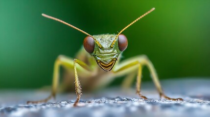 Poster - Praying Mantis CloseUp with Green Background Exploring the Creature's Stare and Texture : Generative AI