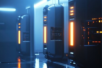 Poster - Modern server room showcasing sleek technology and illuminated design elements in a dark environment