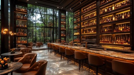 Poster - Luxurious bar designed with warm lighting highlights a wide array of spirits, set against a backdrop of tall windows showcasing vibrant forest views, creating a serene atmosphere.