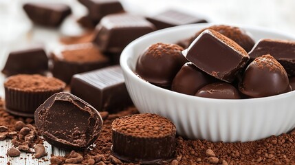 Poster - Indulgent Assortment of Gourmet Chocolate Truffles and Bars in Elegant White Bowl : Generative AI