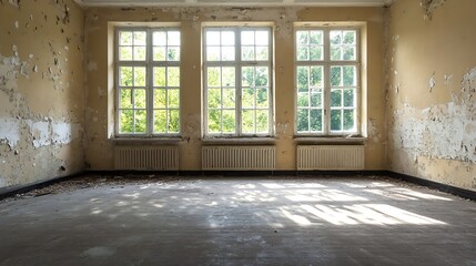 Aufkleber - Abandoned Decaying Room with Sunlight Through Large Glass Windows : Generative AI