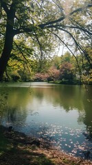  A serene lake surrounded by lush greenery and blooming trees. 