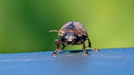 Poster - Detailed close up of shiny black beetle with textured surface in natural light : Generative AI