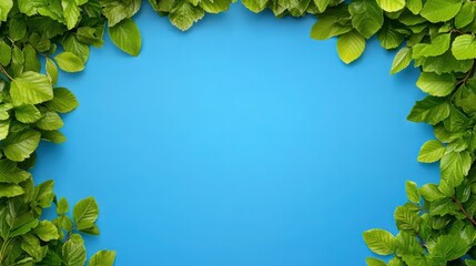 Green Leaves Frame on Blue Background: Lush green leaves arranged in a border around a vibrant blue background, creating a fresh and inviting natural frame for your text or design.  