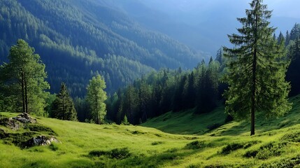 Poster - Serene Mountain Landscape with Lush Green Valley and Trees : Generative AI