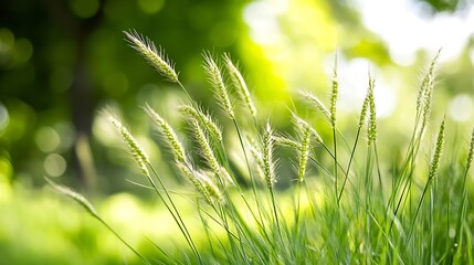 Poster - Closeup of Green Grass Stalks Under Bright Sunshine for Nature Photography : Generative AI