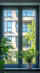 Aufkleber - A modern double glazed aluminum window frames a beautiful view of lush greenery outside, combining sleek design with energy efficiency for a tranquil indoor atmosphere