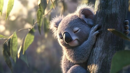 Koala sleeping peacefully on a tree branch, bathed in soft, natural sunlight, portrayed with a gentle and cute character in a dreamlike, cozy forest scene. 